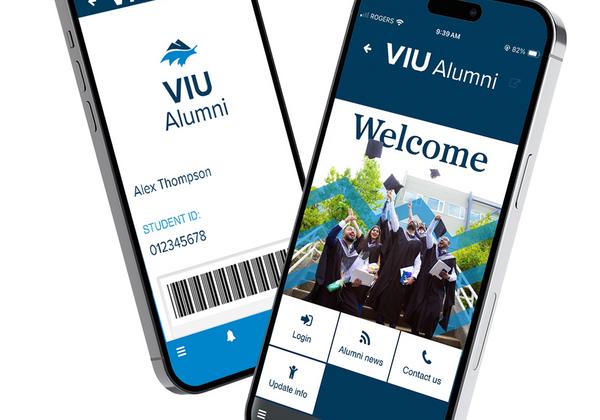 VIU Alumni app welcome sign and digital ID displayed on phone